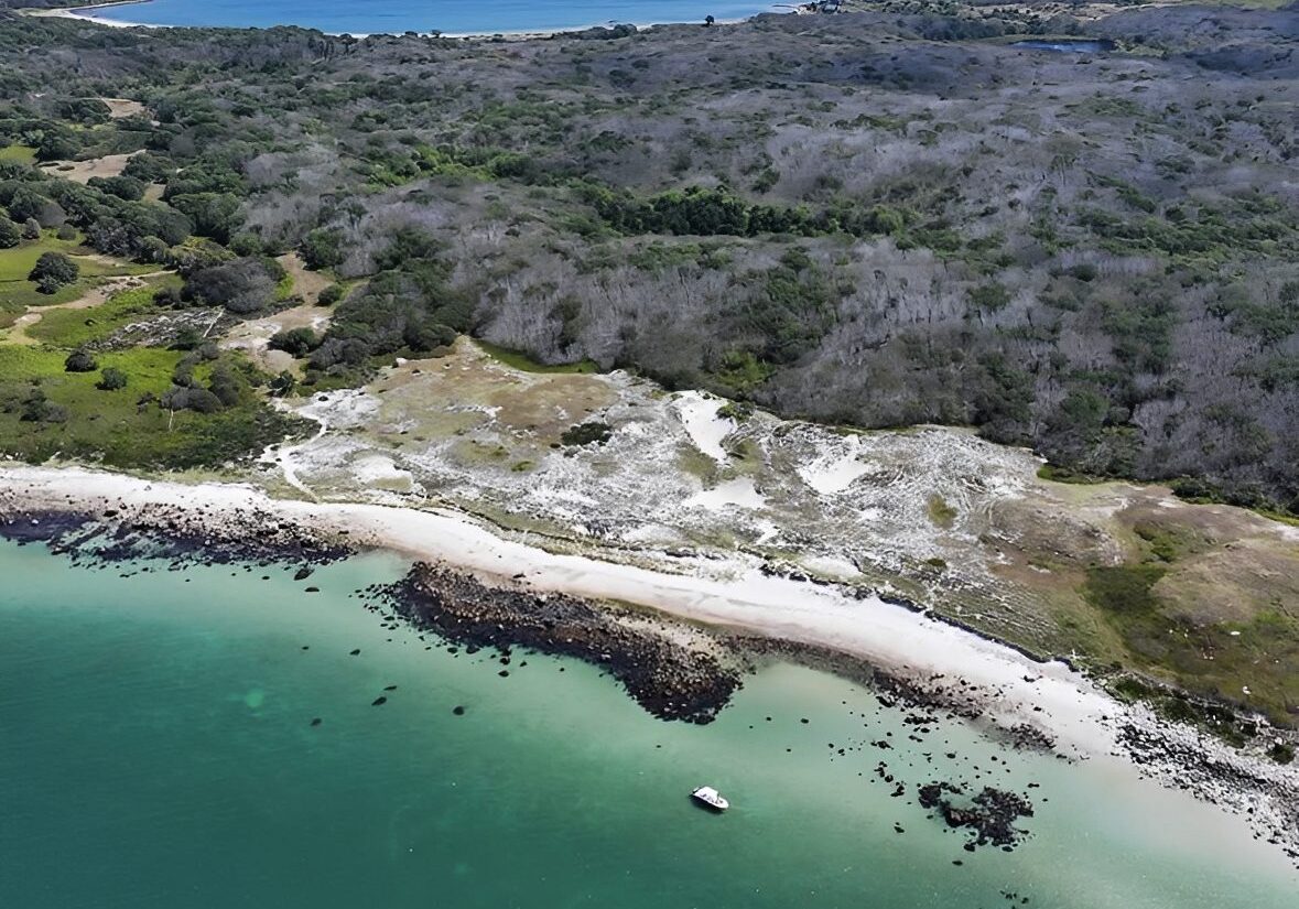 Aerial view of coastline and ocean landscape.